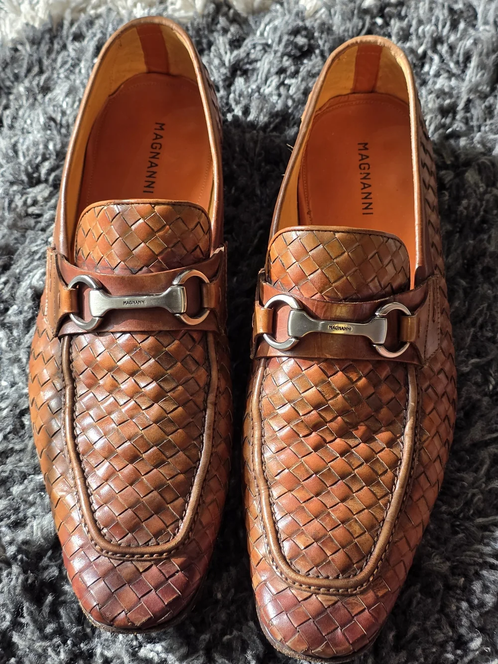 Magnanni Men’s Woven Leather Bit Loafers in Cognac Brown Size 9.5